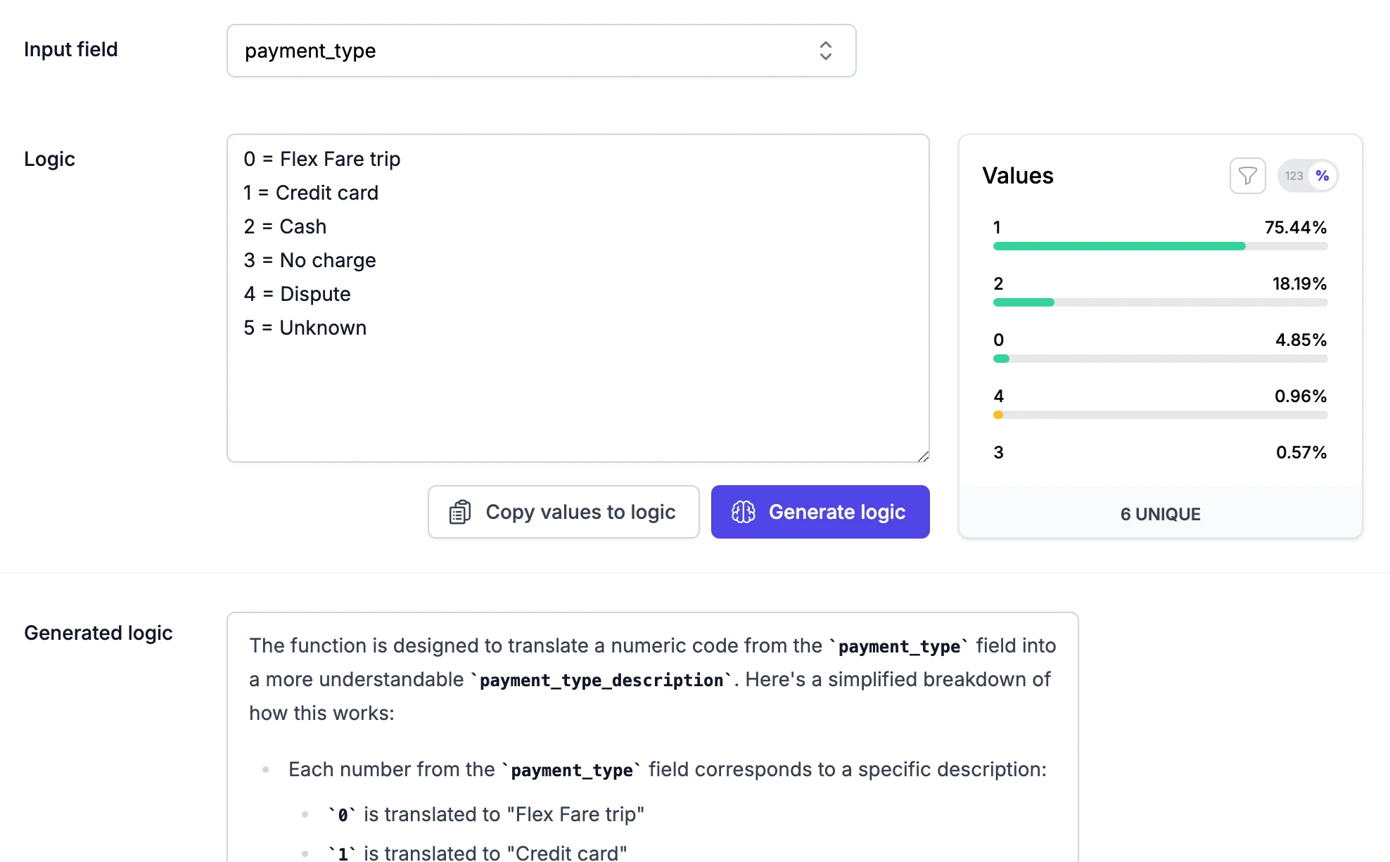 Interface showing data being cleaned with natural language