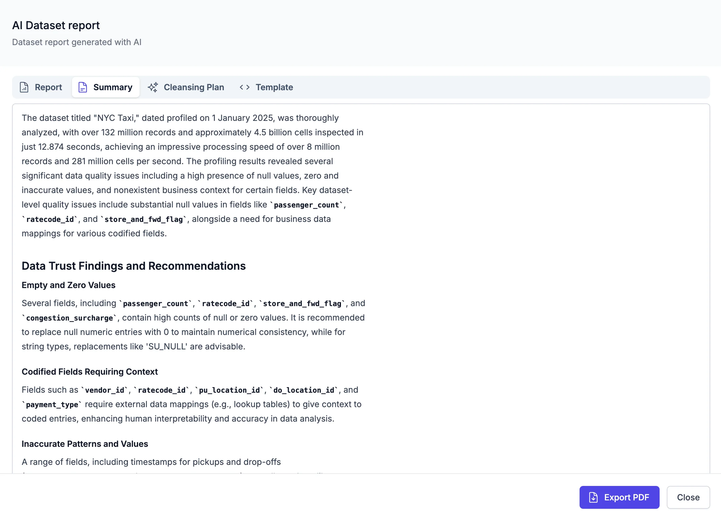 Generated plain-language report summarizing data insights for easy sharing